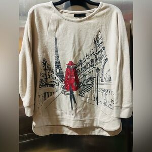 Elegant Beige Parisian Graphic Long Sleeve Top